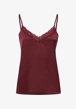 Burgunderfarbene Satin-Camisole mit verstellbaren Trägern und einer Spitzenbesatz entlang des V-Ausschnitts, glatte Textur und lockerer Schnitt.