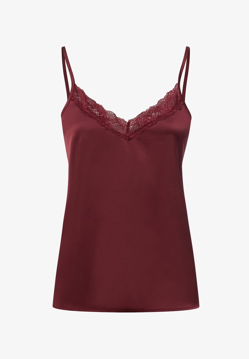 Burgundowa satynowa koszulka na ramiączkach z regulowanymi paskami i koronkowym wykończeniem przy dekolcie w serek, gładka faktura i luźny krój.