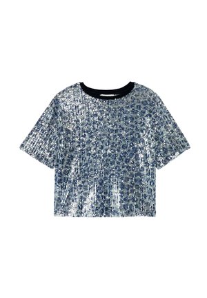 T-shirt court à manches courtes avec un design en sequins dans des teintes d'argent et de bleu. Encolure ronde en côtes noires et coupe décontractée.