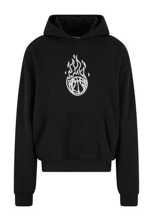 Black cropped hoodie made of cotton, featuring a white flame design around a basketball graphic on the chest and a front pocket.