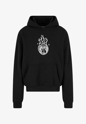 Felpa nera corta in cotone, con un design di fiamme bianche attorno a un grafico di un pallone da basket sul petto e una tasca frontale.