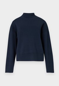 Temno modra pól obleka s sproščenim krojem, dolgimi rokavi ter rebrastim ovratnikom in robom; narejena iz mehkega, teksturiranega pletenega materiala.