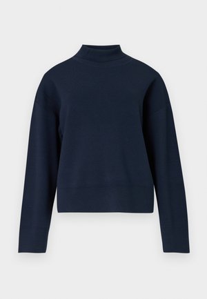 Námořnický modrý rolák s volným střihem, dlouhými rukávy a žebrovaným límcem a lemem; vyrobený z měkkého, texturovaného pleteného materiálu.