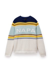 Gebreide pullover trui in marineblauw, geel en lichtblauwe strepen met "NAPA" in het midden in lichtblauw. Gelaagde open weefsel en geribbelde zoom.