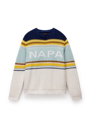 Gebreide pullover trui in marineblauw, geel en lichtblauwe strepen met "NAPA" in het midden in lichtblauw. Gelaagde open weefsel en geribbelde zoom.