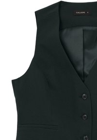 Mörkgrön ärmlös väst med V-ringning, sex knappar och två sidofickor. Tillverkad av texturerat tyg med ett slätt innerfoder.