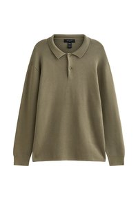 Olivgrünes langärmliges Polohemd mit Kragen, zwei Knöpfen und einer strukturierten Stoffqualität. Besitzt einen lässigen Schnitt und überschnittene Schulternaht.