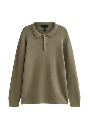 Olivgrünes langärmliges Polohemd mit Kragen, zwei Knöpfen und einer strukturierten Stoffqualität. Besitzt einen lässigen Schnitt und überschnittene Schulternaht.