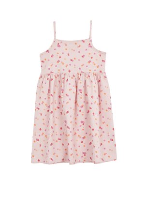 Jasnoróżowa sukienka bez rękawów z cienkimi ramiączkami i małym, czerwono-pomarańczowo-fioletowym wzorem kwiatowym, zebrana w talii, spódnica do kolan.