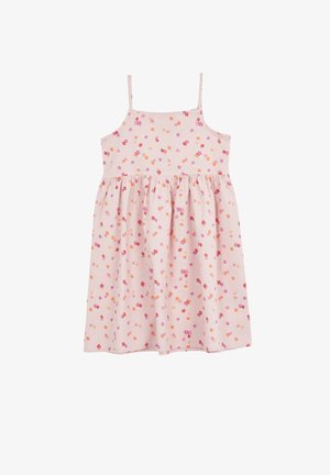 Jasnoróżowa sukienka bez rękawów z cienkimi ramiączkami i małym, czerwono-pomarańczowo-fioletowym wzorem kwiatowym, zebrana w talii, spódnica do kolan.