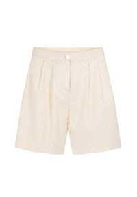 Beige op maat gemaakte shorts met een gestructureerd patroon van kleine, verspreide stippen, voorzien van voorplooien en een sluiting met een knoop aan de voorkant.