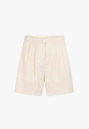 Pantaloni beige su misura con un motivo testurizzato di piccoli punti distanziati, dotati di pieghe frontali e chiusura con bottone anteriore.