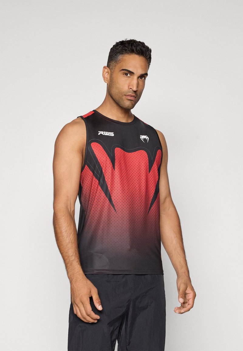 Black and red sleeveless athletic tank top featuring a gradient design with a graphic pattern and logo on the chest. Smooth texture.