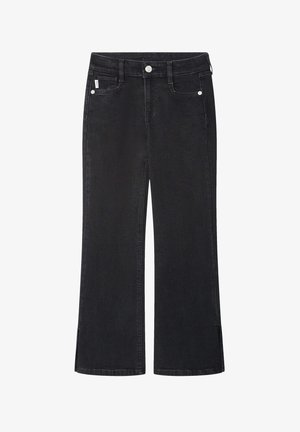 Juodos plačios kojų džinsai, pagaminti iš džinsinio audinio, su vidutinio aukščio juosmeniu, priekinėmis kišenėmis ir šoninėmis plyšimis apačioje. Klasikinio penkių kišenių dizainas.