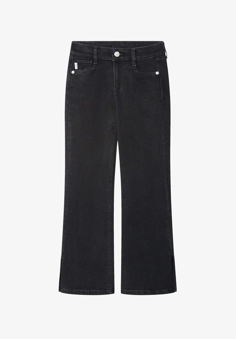 Crne široke traperice s usponom srednje visine, prednjim džepovima i bočnim prorezima na rubu. Klasičan dizajn s pet džepova.