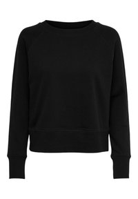 Sudadera negra con cuello redondo, mangas raglán y puños acanalados. Presenta un sutil logo estampado en el pecho. Textura suave.