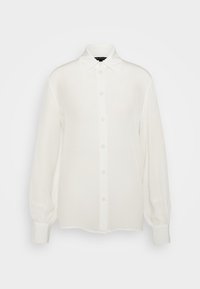 Camicia bianca a maniche lunghe, con bottoni frontali, colletto classico, tessuto morbido con texture leggermente trasparente, presenta maniche con polsini e una leggera caduta.