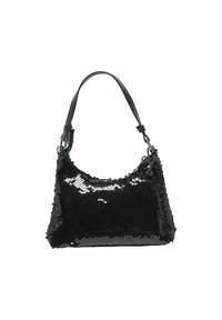 Borsa a tracolla nera di paillettes con una forma strutturata, caratterizzata da una parte superiore curva e una singola tracolla. L'esterno presenta una finitura lucida e testurizzata.
