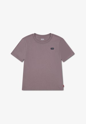T-shirt mauve manches courtes avec col rond et petit logo noir Levi's sur le côté gauche de la poitrine sur fond blanc.