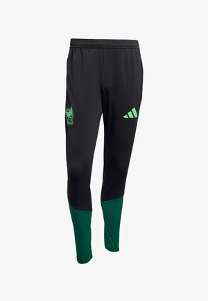 Černo-zelené atletické kalhoty se zúženými nohavicemi, elastickým pasem, logem týmu Mexiko na levém stehně a logem Adidas na pravém stehně.