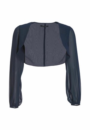 Marineblauer durchsichtiger Bolero mit langen, gepufften Ärmeln und elastischen Bündchen, offenem Frontdesign, leichtem Stoff.