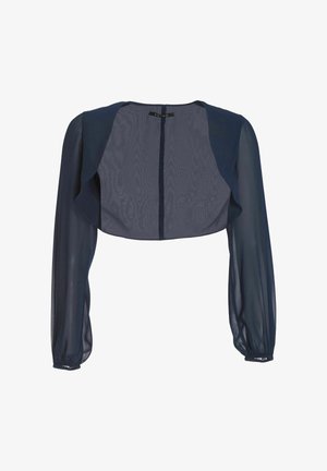 Marineblauer durchsichtiger Bolero mit langen, gepufften Ärmeln und elastischen Bündchen, offenem Frontdesign, leichtem Stoff.