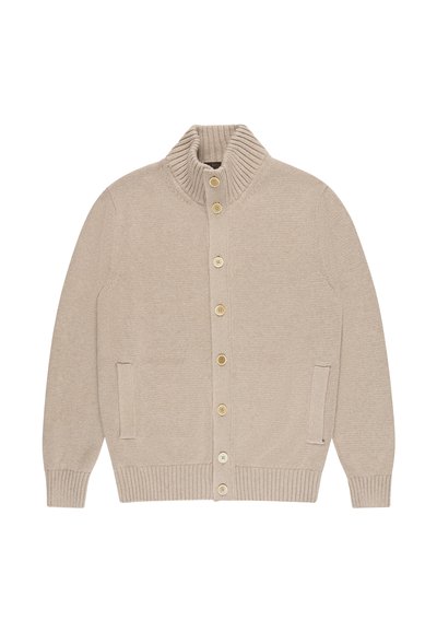 Cardigan beige lavorato a maglia con colletto alto a coste, chiusura frontale con bottoni, polsini e orlo a coste, e due tasche frontali.