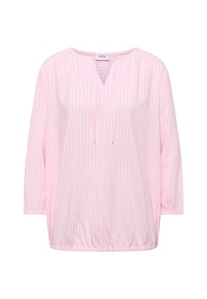 Długorękawowa bluzka w pionowe paseczki w kolorze jasnoróżowym i białym, z dekoltem wciętym i elastycznym dołem oraz mankietami.