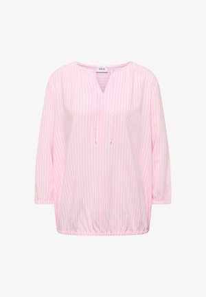 Długorękawowa bluzka w pionowe paseczki w kolorze jasnoróżowym i białym, z dekoltem wciętym i elastycznym dołem oraz mankietami.