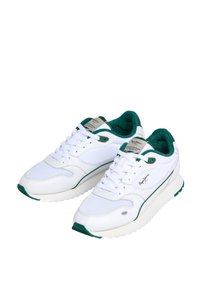 Scarpe da ginnastica bianche con accenti verdi, design con lacci, upper in pelle liscia e tessuto, dotate di una suola ammortizzata per il comfort.