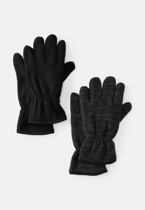 Black fleece gloves with gathered wrist cuffs. One pair is solid black, the other features a textured dark gray pattern.