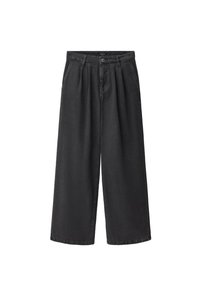 Črne široke denim hlače z visokim pasom, z sprednjim gumbom, pregibi in gladko, mat teksturo.