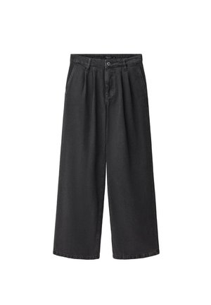 Black denim wide-leg pants with a high waist, featuring a front button closure, pleats, and a smooth, matte texture.