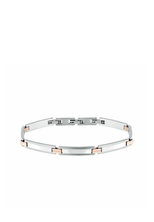 Bracciale con anelli in metallo argento e oro rosa con placche rettangolari collegate da piccole cerniere in oro rosa.