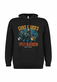 Hoodie nero con un design grafico dei membri della band e il testo "GUNS N' ROSES APPETITE FOR DESTRUCTION 1987 TOUR" in colori vivaci.