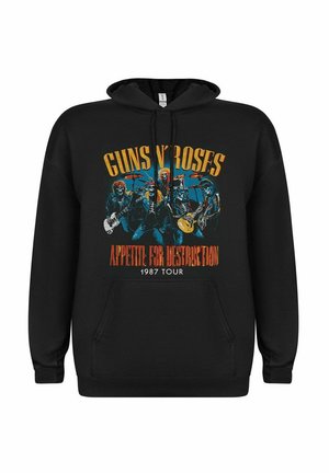Zwarte hoodie met een grafisch ontwerp van bandleden en de tekst "GUNS N' ROSES APPETITE FOR DESTRUCTION 1987 TOUR" in opvallende kleuren.