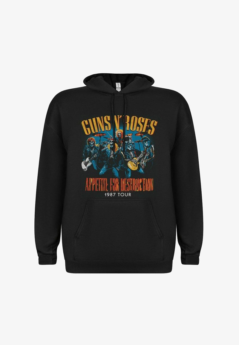 Hoodie nero con un design grafico dei membri della band e il testo "GUNS N' ROSES APPETITE FOR DESTRUCTION 1987 TOUR" in colori vivaci.