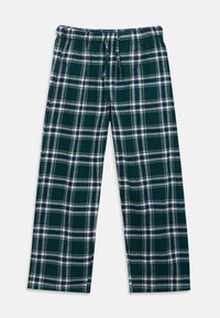 Zöld kockás pizsamanadrág puha anyagból, rugalmas derékrésszel és húzózsinórral, fehér és tengerészkék díszítésekkel a kockás mintában.