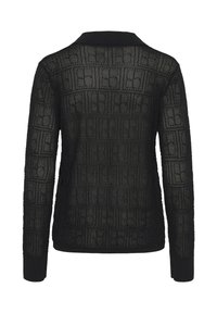 Črn pleten pulover z teksturiranim, vzorčastim dizajnom, ovratnikom in dolgimi rokavi. Material je lahek in polprosojen.