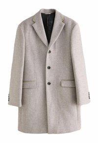 Lys grå uldblanding frakke med notch krave, fem knapper og to forlommer. Sorte accenter og tekstureret stofdetalje.