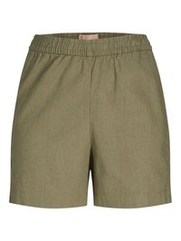 Khaki kraťasy s elastickým pasem, hladkým povrchem, přizpůsobeným střihem a kapsami po stranách. Materiál vypadá odolně s jemným heather vzorem.
