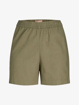 Bermudas kaki avec une taille élastique, texture lisse, coupe ajustée et poches latérales. Le matériau semble durable avec un léger motif chiné.