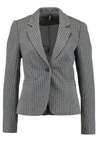 Blazer gris à fines rayures avec une coupe ajustée, fermeture à un bouton et revers crantés. Comprend des poches avant et une doublure intérieure.
