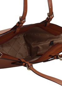 Sac à main en cuir marron avec deux poignées, garnitures dorées, et un intérieur spacieux couleur tan comprenant une poche zippée et une doublure à motif logo.