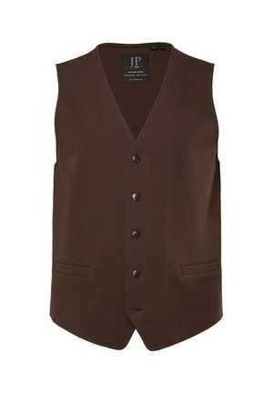 Bruine mouwloze vest gemaakt van gladde stof met een V-hals, zes knopen aan de voorkant en twee voorzakken.