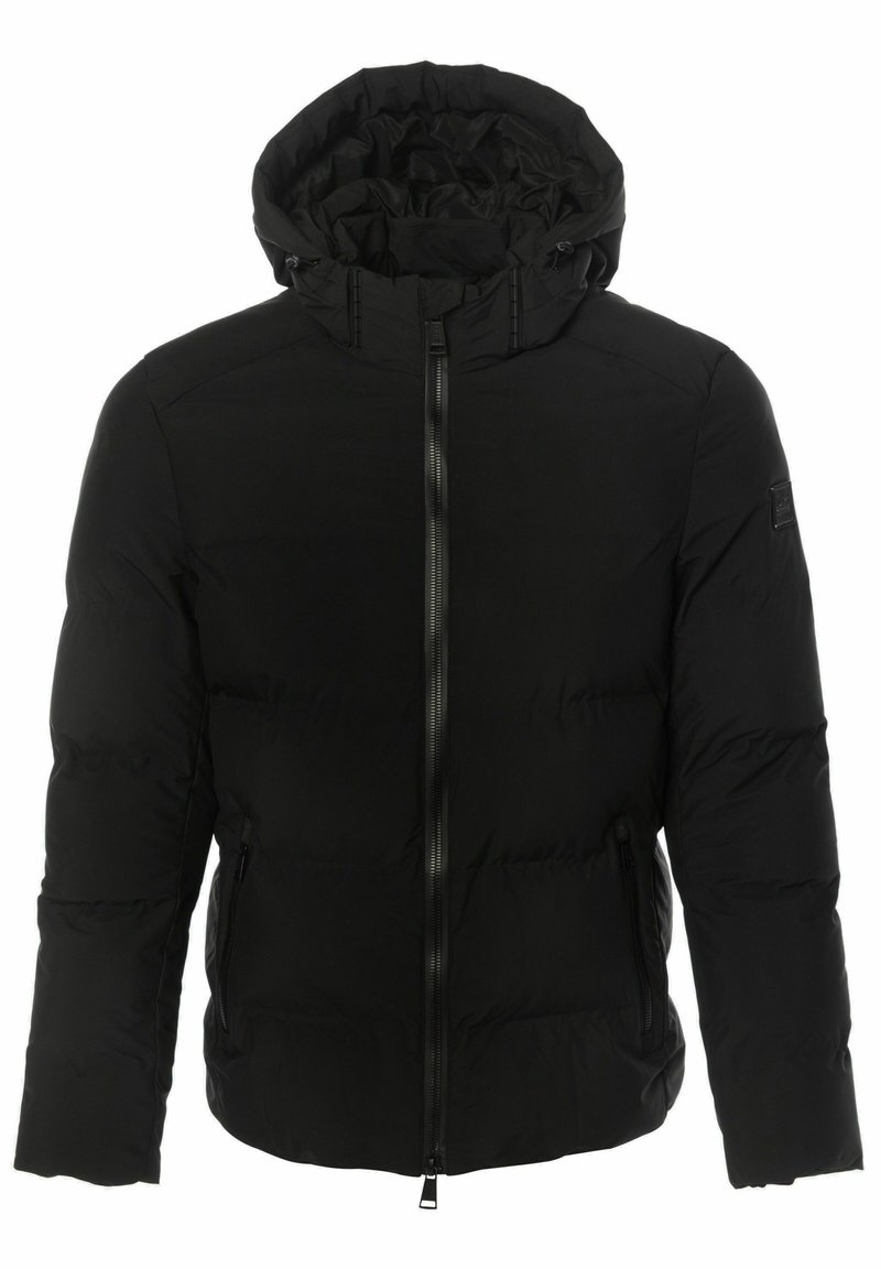 Sort dunjakke med lynlås fortil, hætte, quiltet struktur og sidelommer. Har en glat finish og minimalistisk design.