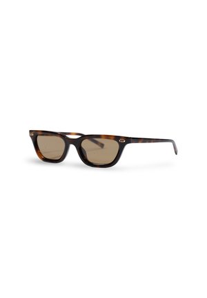 Lunettes de soleil rectangulaires en écaille avec verres teintés marron et petit logo doré dans les coins supérieurs des montures.