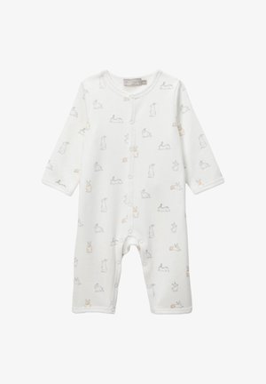 Barboteuse blanche à manches longues pour bébé avec de légères imprimés de lapins gris et orange clair. Comprend des boutonnières sur le devant et au niveau des jambes.