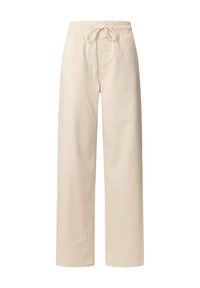 Pantalones de algodón beige con cintura elástica y cordón. Diseño de pierna ancha con una textura suave y sin patrones o acentos visibles.