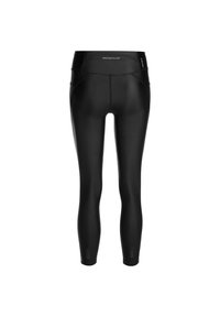 Schwarze Sportleggings mit glatter Textur, hohem Taillenbund und reflektierenden Akzenten an den Unterschenkeln. Entworfen für Leistung und Komfort.